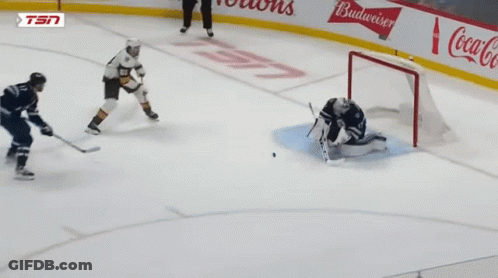 A Hockey Game Is Being Played In Front Of A Budweiser Ad GIF