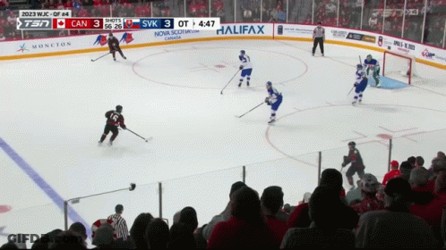 A Hockey Game Is Being Played In Front Of A Crowd With Ads For Halifax Nova Scotia And Moncton GIF