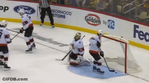 A Hockey Game Is Being Played In Front Of A Glidden By Ppg Banner GIF