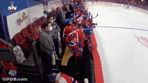 A Hockey Game Is Being Played In Front Of A Wall That Says Sn GIF