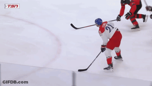 A Hockey Game Is Being Played In Front Of An Ad For Tim Hortons GIF