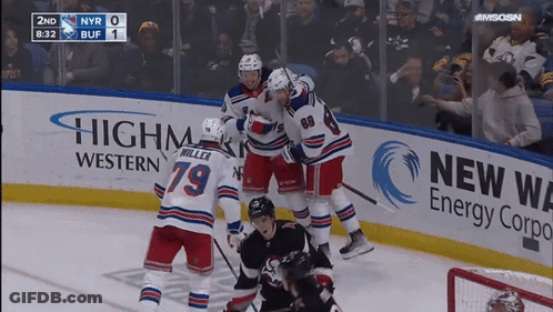 A Hockey Game Is Being Played With Advertisements For Highmark Western And New York Energy Corporation GIF