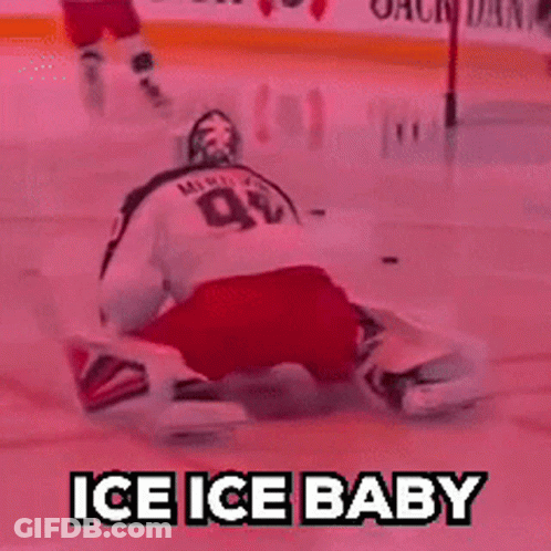 A Hockey Goalie Is Laying On The Ice With The Words Ice Ice Baby Behind Him GIF