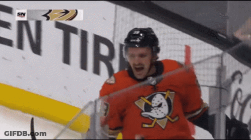 A Hockey Player Celebrates A Goal In Front Of An Advertisement For Entire Tire GIF