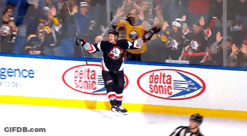 A Hockey Player Celebrates A Goal In Front Of Delta Sonic Advertisements GIF