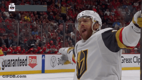 A Hockey Player Celebrates With His Arms In The Air In Front Of A Banner That Says Guaranteed Rate GIF