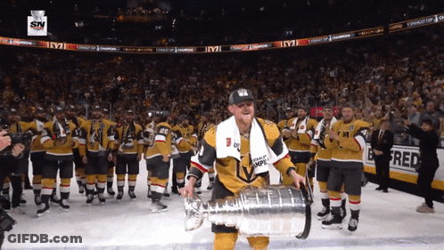 A Hockey Player Holding A Trophy In Front Of A Crowd With A Sn Logo GIF