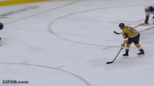 A Hockey Player Holds A Stick In Front Of A Goal With A Lime Advertisement In The Background GIF