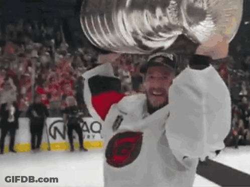 A Hockey Player Holds A Trophy Over His Head In Front Of A Crowd GIF