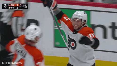 A Hockey Player In A Flyers Jersey Celebrates A Goal GIF