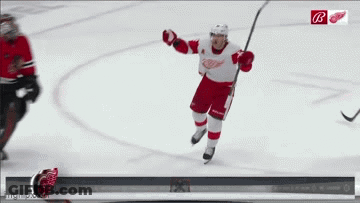 A Hockey Player In A Red And White Uniform With The Letter B On The Bottom GIF