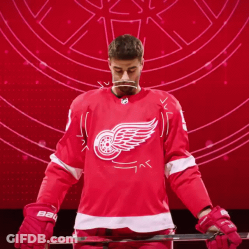 A Hockey Player In A Red Jersey And Gloves With The Letter B On The Gloves GIF