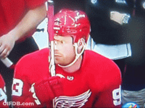 A Hockey Player In A Red Jersey With The Number 43 On It GIF