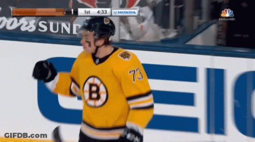 A Hockey Player In A Yellow Jersey With The Letter B On The Front GIF