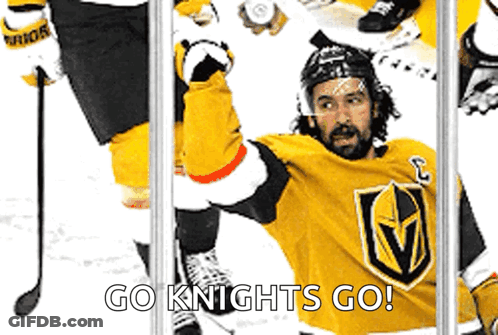 A Hockey Player In A Yellow Jersey With The Words Go Knights Go On The Bottom GIF