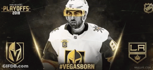 A Hockey Player Is Standing In Front Of A Banner That Says Playoffs 2018 GIF