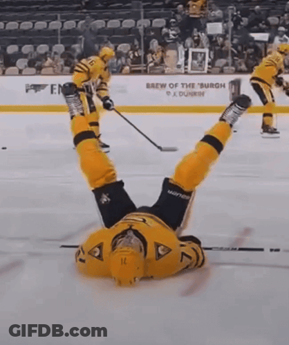 A Hockey Player Is Upside Down On The Ice In Front Of The Brew Of The Burgh Sign GIF