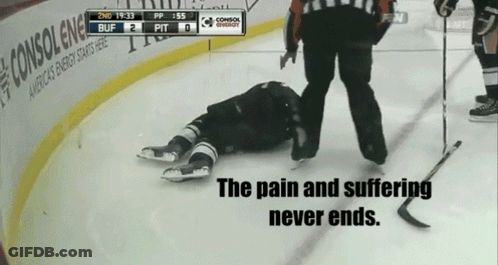 A Hockey Player Laying On The Ice With The Words " The Pain And Suffering Never Ends " Below Him GIF