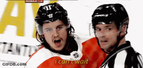 A Hockey Player Says I Can 'T Wait Next To Another Player GIF
