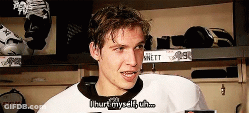 A Hockey Player Says " I Hurt Myself Uh " In His Locker Room GIF