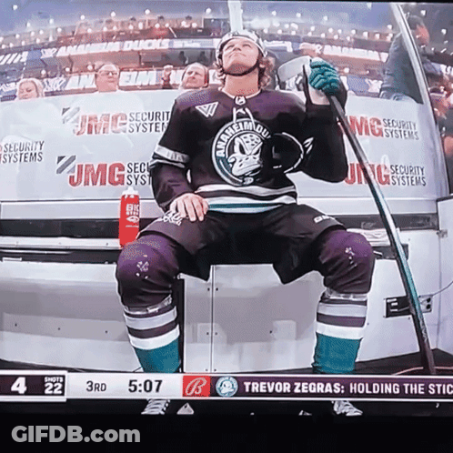 A Hockey Player Sits On A Bench Holding A Stick With Jmg Security Systems Advertisements In The Background GIF
