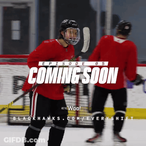 A Hockey Player Stands On The Ice With The Words Coming Soon Behind Him GIF