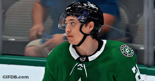 A Hockey Player Wearing A Black Helmet And A Green Jersey GIF
