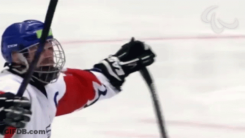 A Hockey Player Wearing A Ccm Helmet Holds Up His Stick GIF