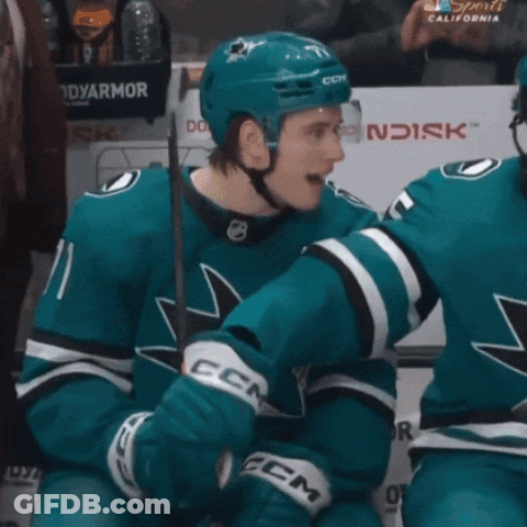 A Hockey Player Wearing A Ccm Jersey Is Talking To Another Player GIF