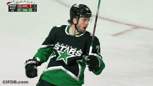 A Hockey Player Wearing A Dallas Stars Jersey Holds A Stick GIF