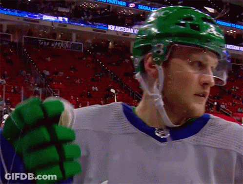 A Hockey Player Wearing A Green Helmet Stands In Front Of A Sign That Says Sega GIF