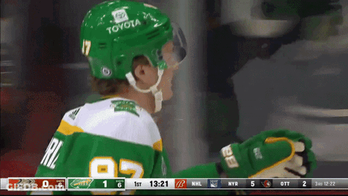 A Hockey Player Wearing A Green Helmet That Says Toyota GIF