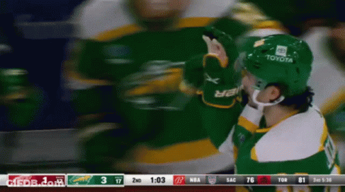 A Hockey Player Wearing A Green Helmet With Toyota On It GIF
