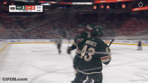 A Hockey Player Wearing A Green Jersey With The Number 43 On It GIF