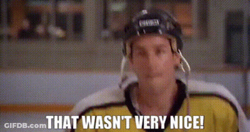 A Hockey Player Wearing A Helmet And A Yellow Jersey Is Saying `` That Wasn 'T Very Nice '' . GIF