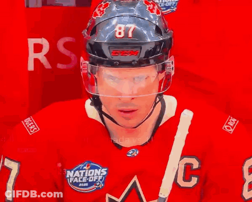 A Hockey Player Wearing A Helmet That Says Ccm On The Front GIF