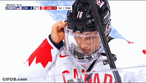 A Hockey Player Wearing A Helmet With The Number 16 GIF