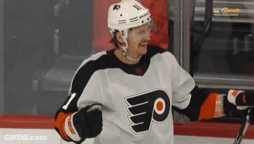 A Hockey Player Wearing A Jersey That Says Philadelphia On It GIF