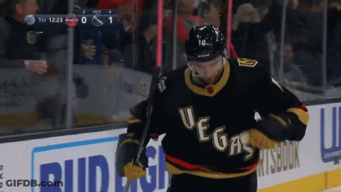 A Hockey Player Wearing A Jersey That Says " Vegas " On It GIF