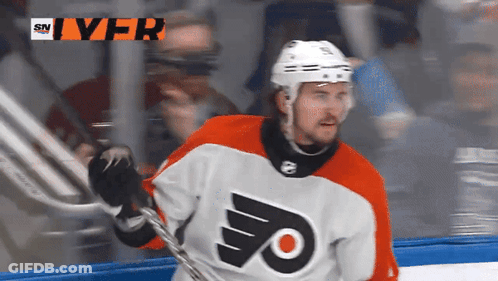 A Hockey Player Wearing A Jersey With A Flyer On It GIF