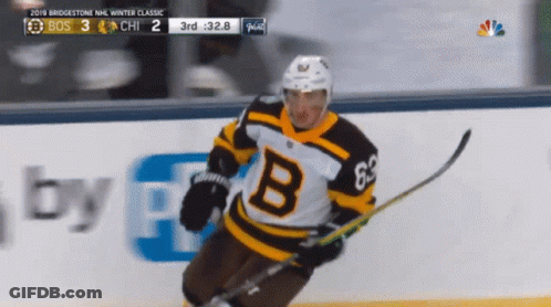 A Hockey Player Wearing A Jersey With The Letter B On The Front GIF