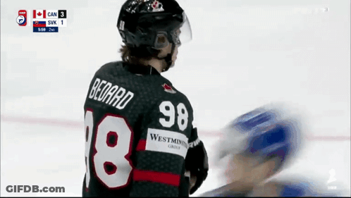 A Hockey Player Wearing A Jersey With The Number 98 On It GIF