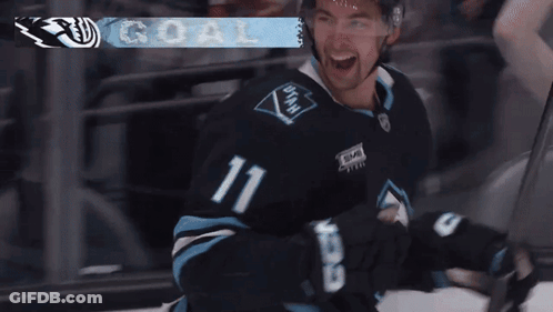 A Hockey Player Wearing A Number 11 Jersey Celebrates A Goal GIF