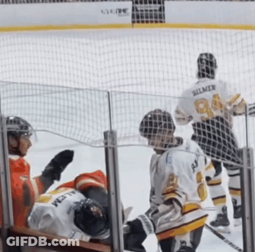 A Hockey Player Wearing A Number 84 Jersey Stands Behind A Fence GIF