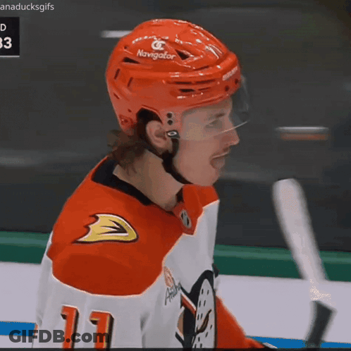 A Hockey Player Wearing A Red Helmet That Says Navigator GIF