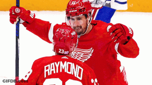 A Hockey Player Wearing A Red Jersey With Raymond On The Back GIF