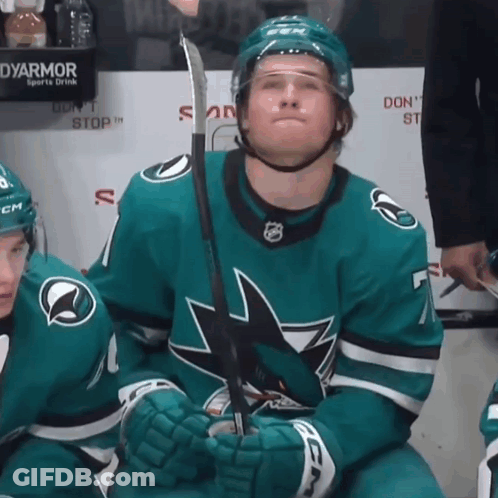 A Hockey Player With A Ccm Helmet Holds His Stick GIF