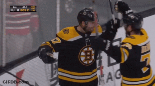A Hockey Player With The Letter B On His Jersey Hugs Another Player GIF
