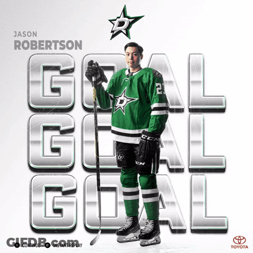 A Hockey Player With The Name Jason Robertson On The Front GIF