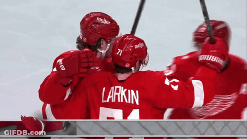 A Hockey Player With The Name Larkin On The Back Of His Shirt GIF
